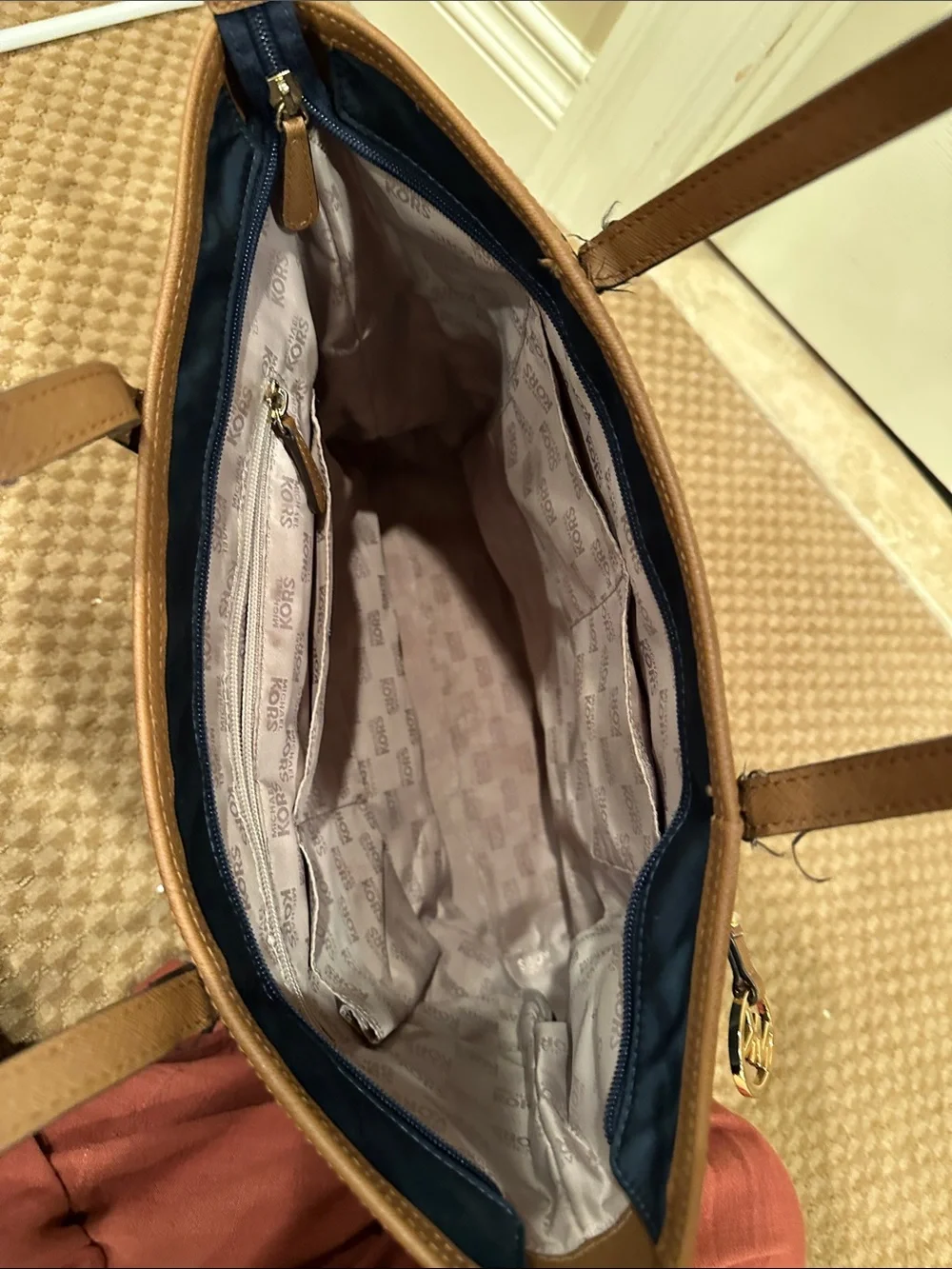 Michael Kors Navy and Brown Leather-Trim Tote